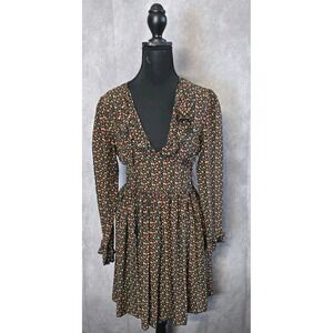 A.P.C. Silk Cherry Print Ruffle Neckline A Line Dress Size 34 Prarie Cottagecore